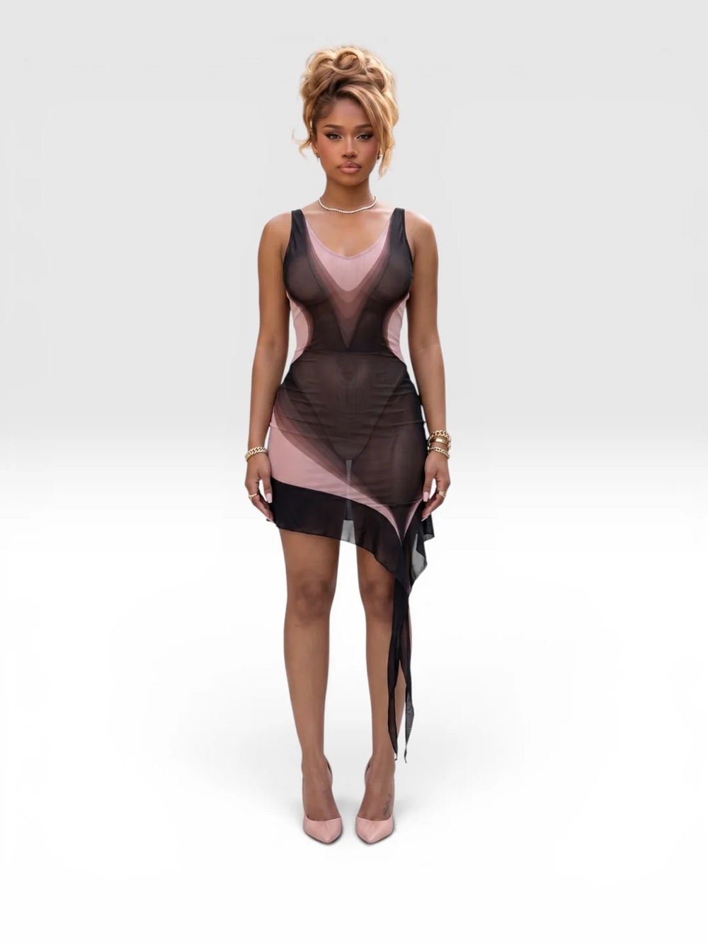 MICAS Sleeveless Sheer Asymmetric Bodycon Dress